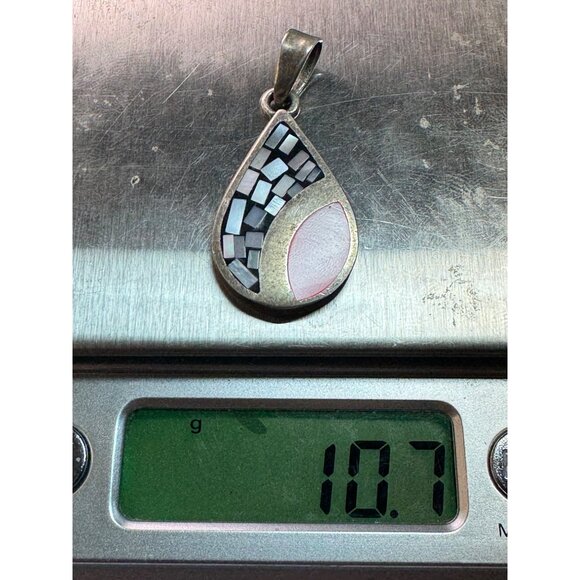 Estate Sterling Silver 925 Mosaic Teardrop Pendant Pink Shell Inlay 10.7g - Picture 8 of 8